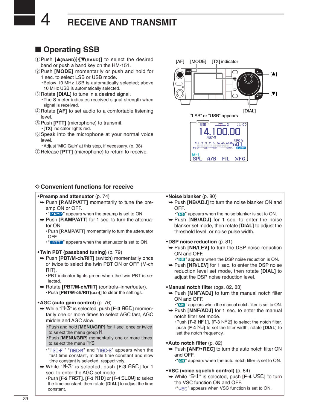 Icom IC-7000 instruction manual Receive and Transmit, Operating SSB, Convenient functions for receive 