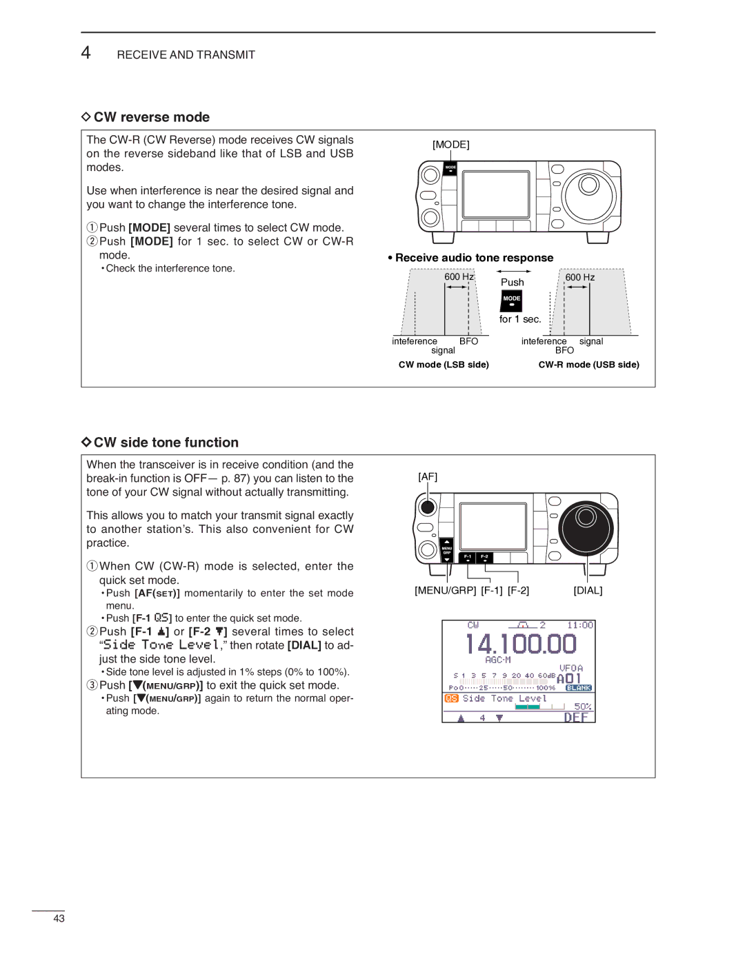 Icom IC-7000 instruction manual CW reverse mode, CW side tone function, Push ZMENU/GRP to exit the quick set mode 