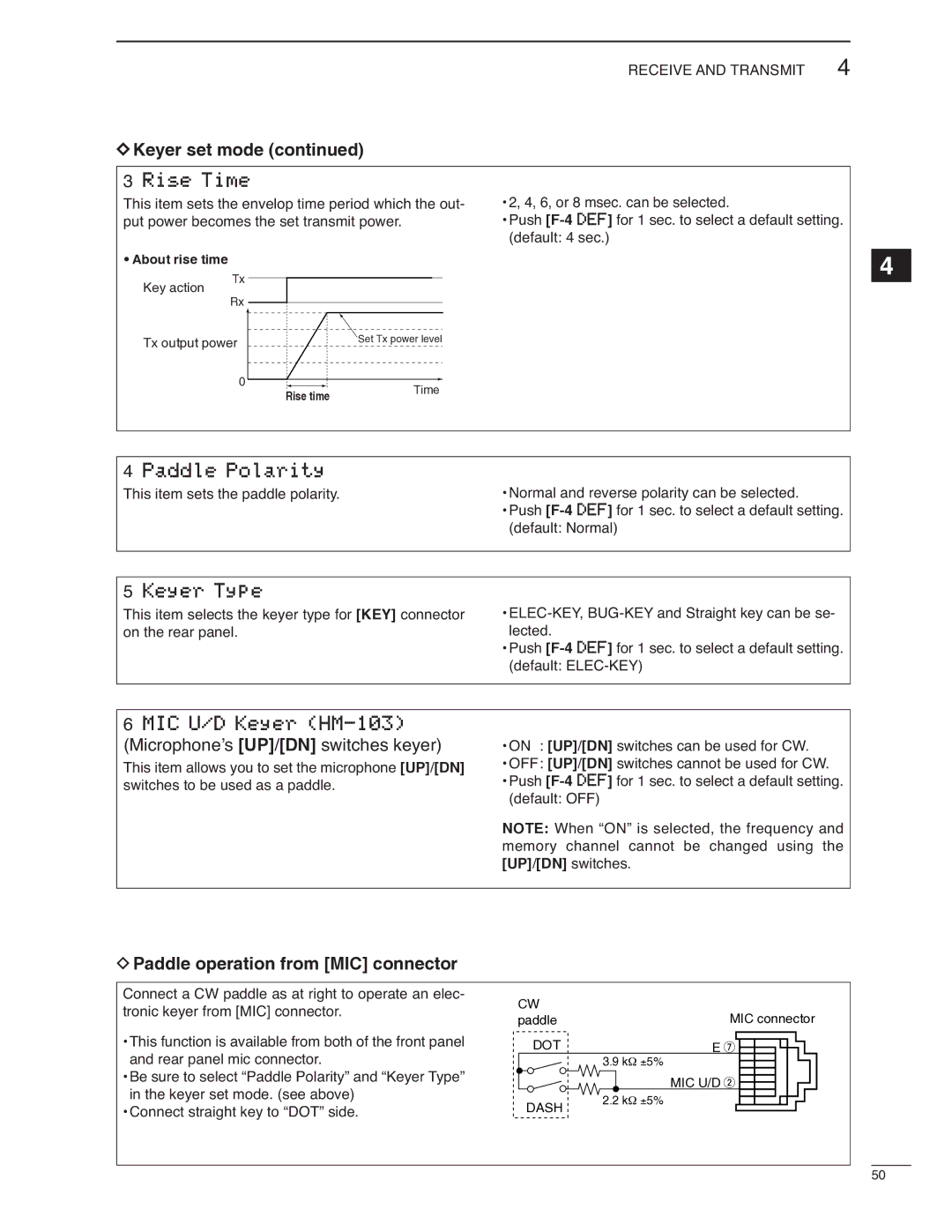 Icom IC-7000 instruction manual Keyer set mode Rise Time, Paddle Polarity, Keyer Type, MIC U/D Keyer HM-103 