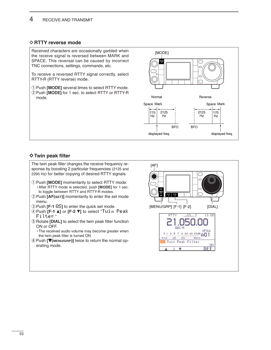 Icom IC-7000 instruction manual Rtty reverse mode, Twin peak ﬁlter, Mode 