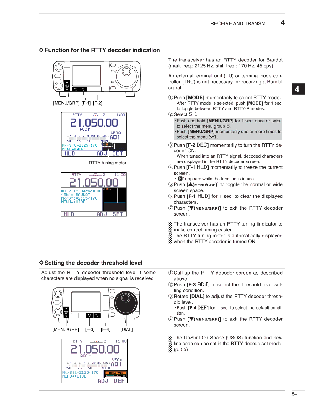 Icom IC-7000 instruction manual Function for the Rtty decoder indication, Setting the decoder threshold level 