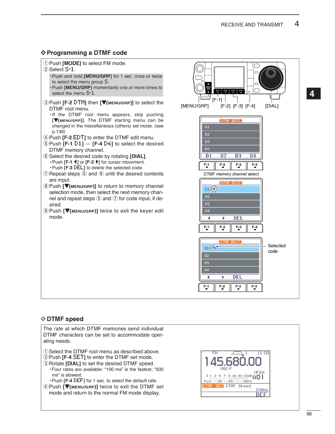 Icom IC-7000 instruction manual Programming a Dtmf code, Dtmf speed, Push Mode to select FM mode. w Select S-1 