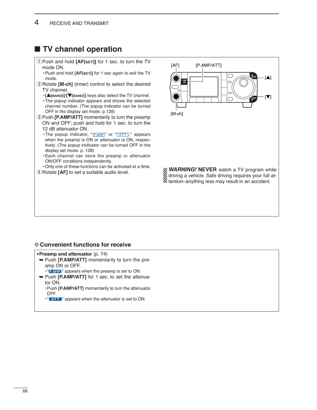 Icom IC-7000 instruction manual TV channel operation, Push and hold Afset for 1 sec. to turn the TV mode on 