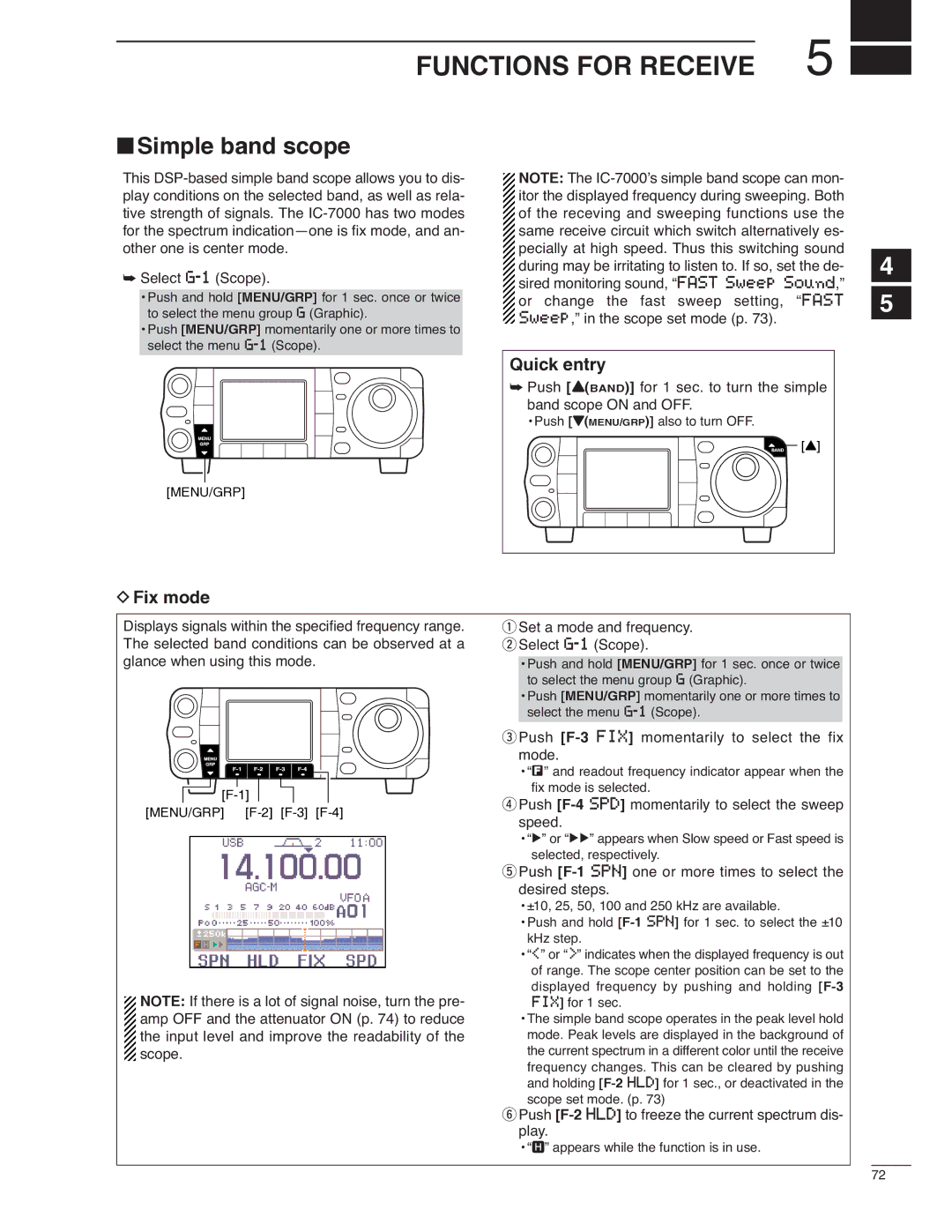 Icom IC-7000 instruction manual Functions for Receive, Simple band scope, Fix mode 