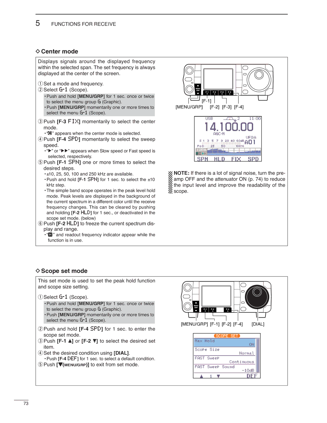 Icom IC-7000 Center mode, Scope set mode, Push F-3FIX momentarily to select the center mode, Select G-1 Scope 