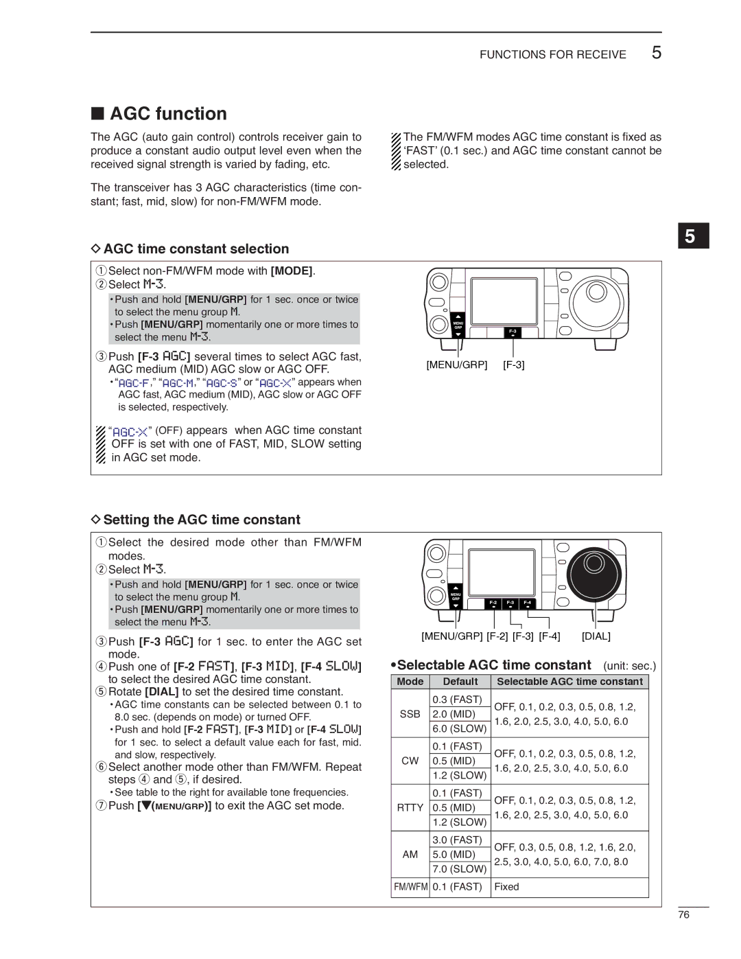 Icom IC-7000 instruction manual AGC function, AGC time constant selection, Setting the AGC time constant 