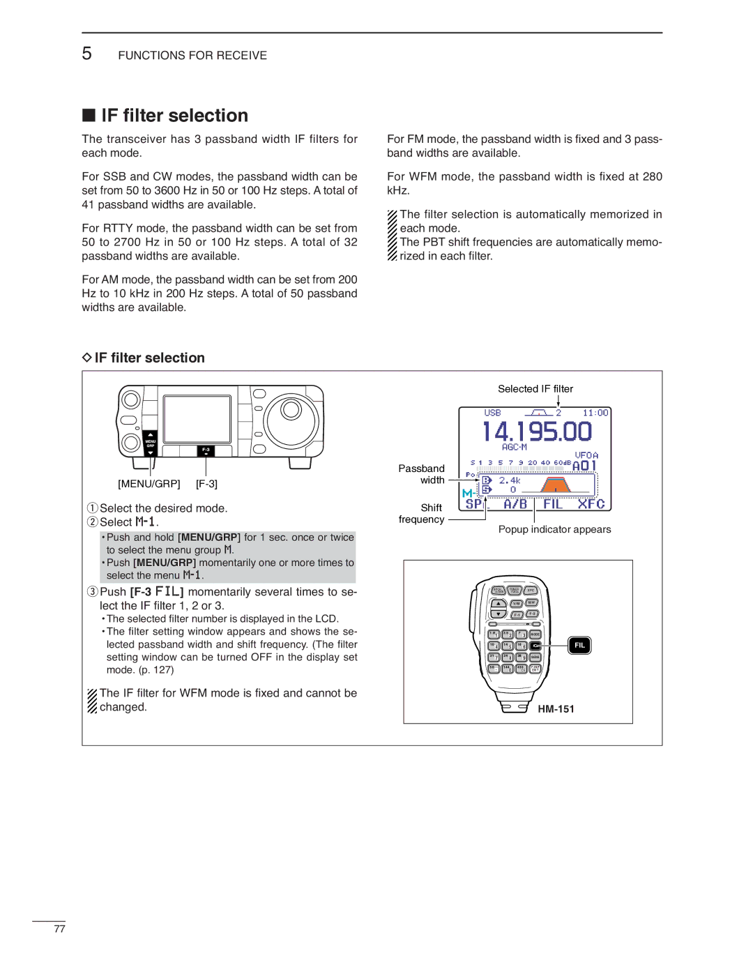 Icom IC-7000 instruction manual If ﬁlter selection, Select the desired mode. w Select M-1 