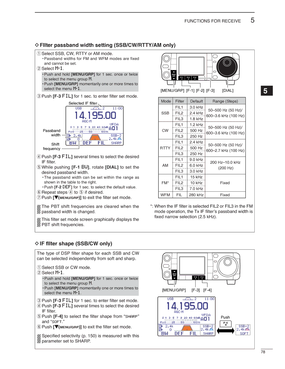 Icom IC-7000 instruction manual FIlter passband width setting SSB/CW/RTTY/AM only, If fIlter shape SSB/CW only 