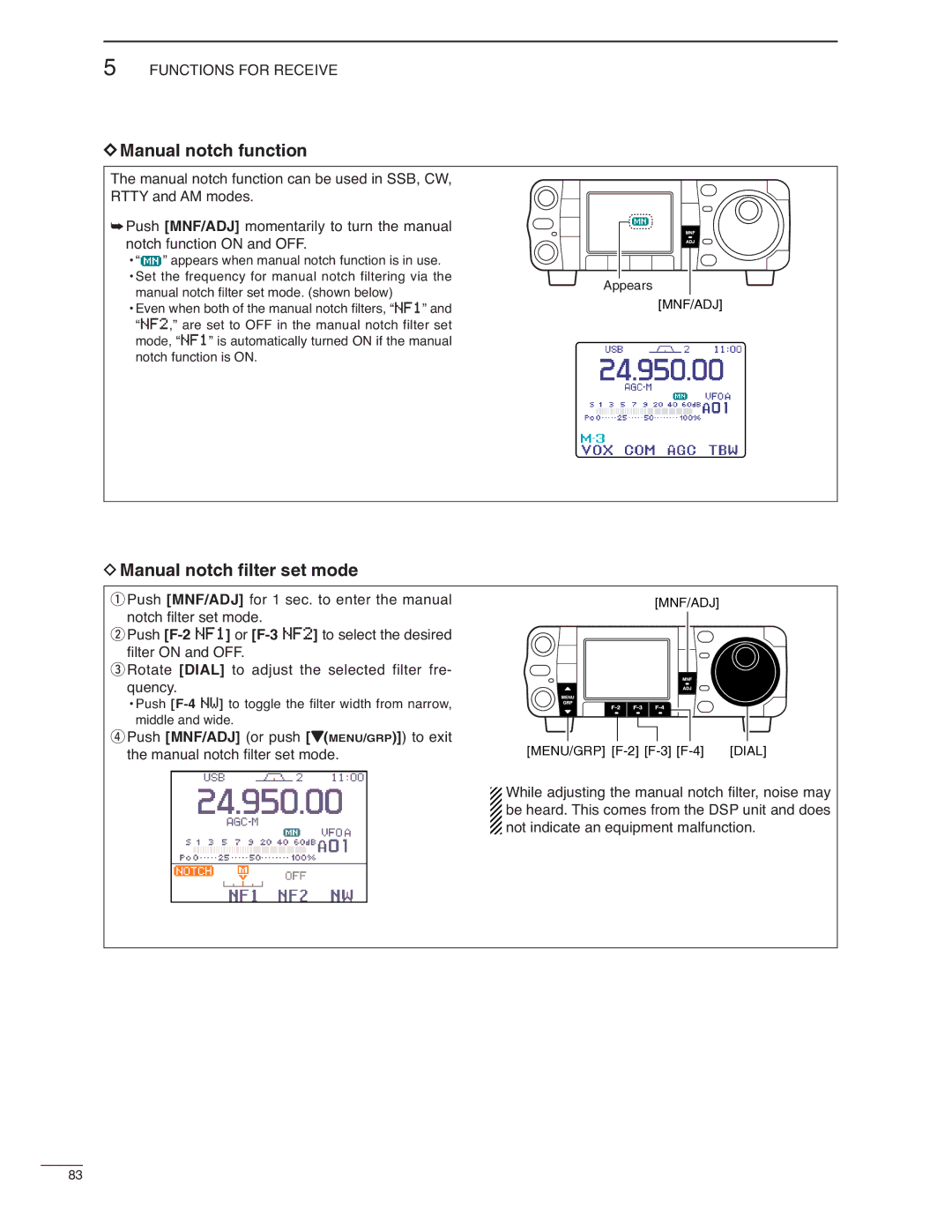 Icom IC-7000 instruction manual Manual notch function, Manual notch ﬁlter set mode 