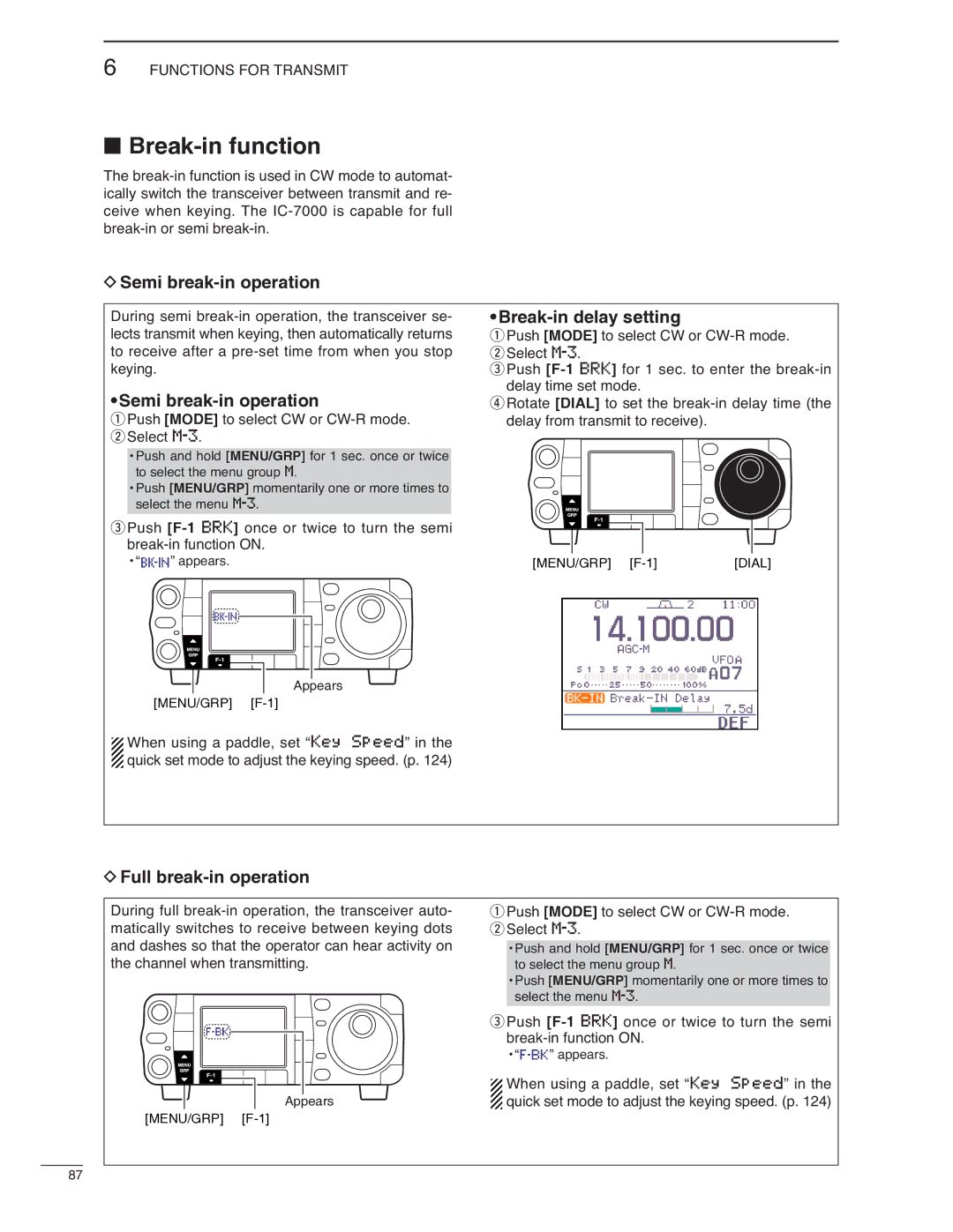 Icom IC-7000 instruction manual Break-in function, Semi break-in operation, Break-in delay setting, Full break-in operation 