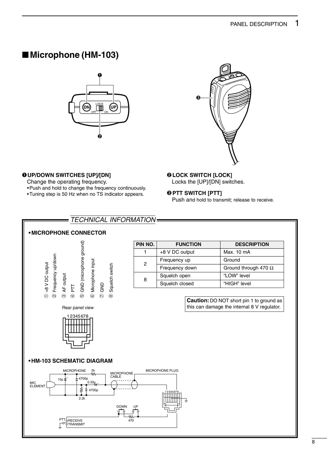 Icom I706MKTMG Microphone HM-103, ➊UP/DOWN Switches UP/DN ➋LOCK Switch Lock, ➌PTT Switch PTT, Microphone Connector 