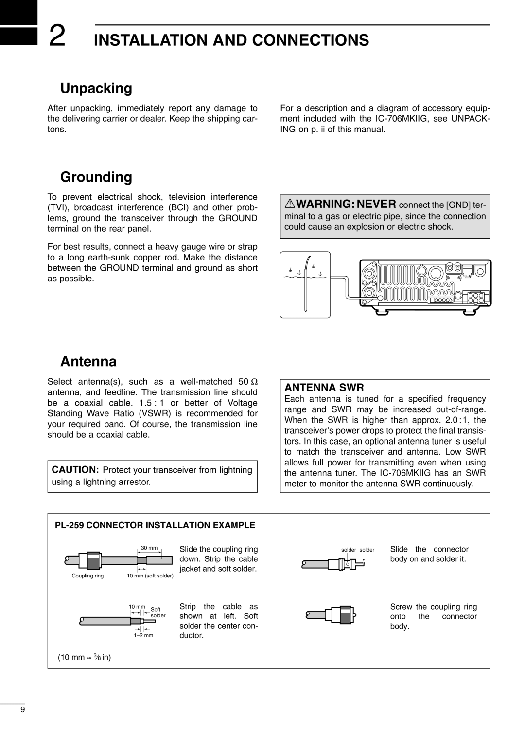 Icom IC-706MKIIG Installation and Connections, Unpacking, Grounding, Antenna, PL-259 Connector Installation Example 