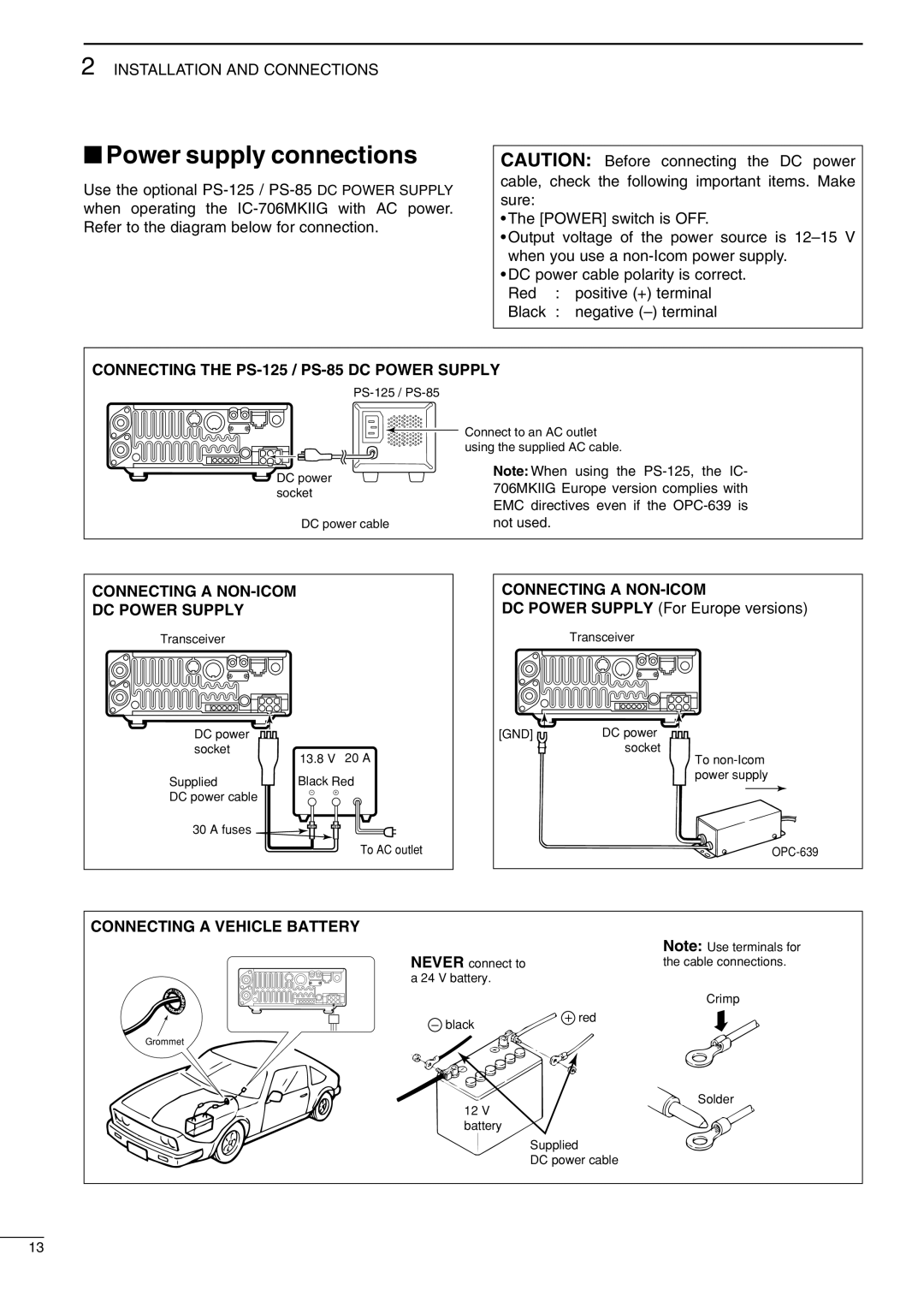 Icom IC-706MKIIG, I706MKTMG Power supply connections, Connecting the PS-125 / PS-85 DC Power Supply, Connecting a NON-ICOM 