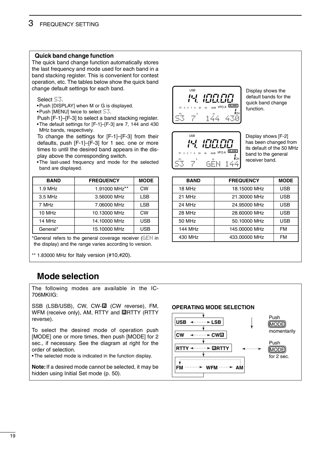 Icom IC-706MKIIG, I706MKTMG Mode selection, Quick band change function, ➁ Push F-1-F-3 to select a band stacking register 