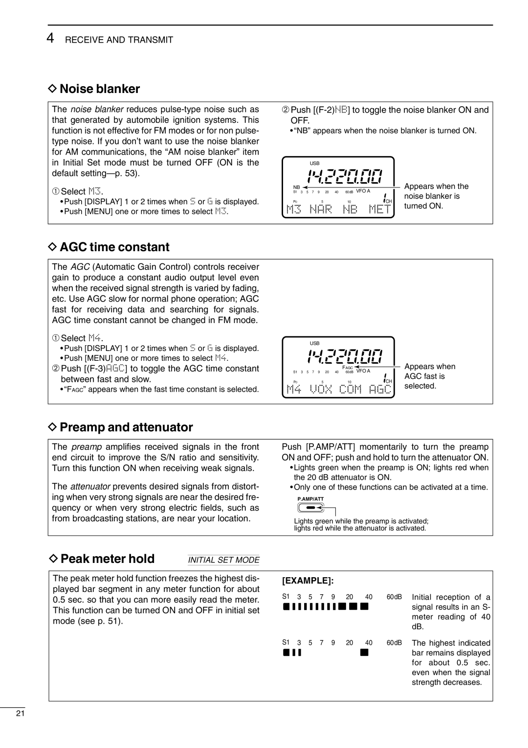 Icom IC-706MKIIG, I706MKTMG instruction manual Noise blanker, AGC time constant, Preamp and attenuator, Peak meter hold 