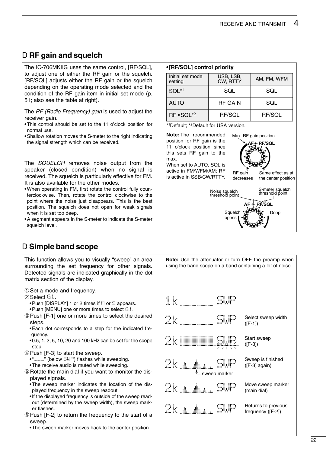 Icom I706MKTMG, IC-706MKIIG instruction manual RF gain and squelch, Simple band scope, RF/SQL control priority 