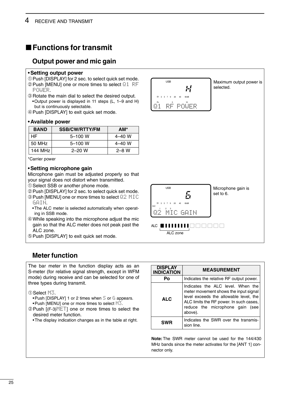 Icom IC-706MKIIG, I706MKTMG instruction manual Functions for transmit, Output power and mic gain, DMeter function 