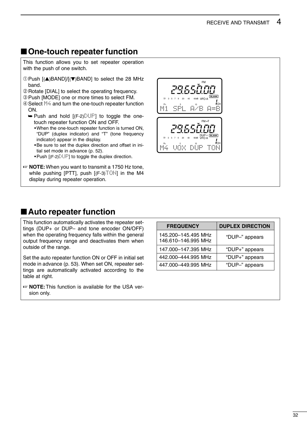 Icom I706MKTMG One-touch repeater function, Auto repeater function, This function automatically activates the repeater set 