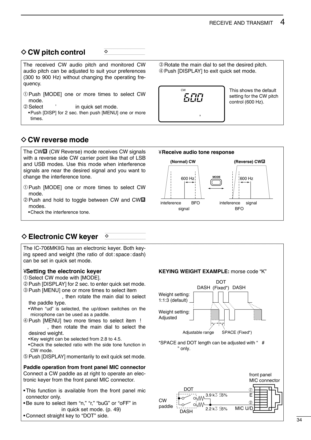 Icom I706MKTMG CW pitch control, CW reverse mode, DElectronic CW keyer Quick SET Mode, Setting the electronic keyer 