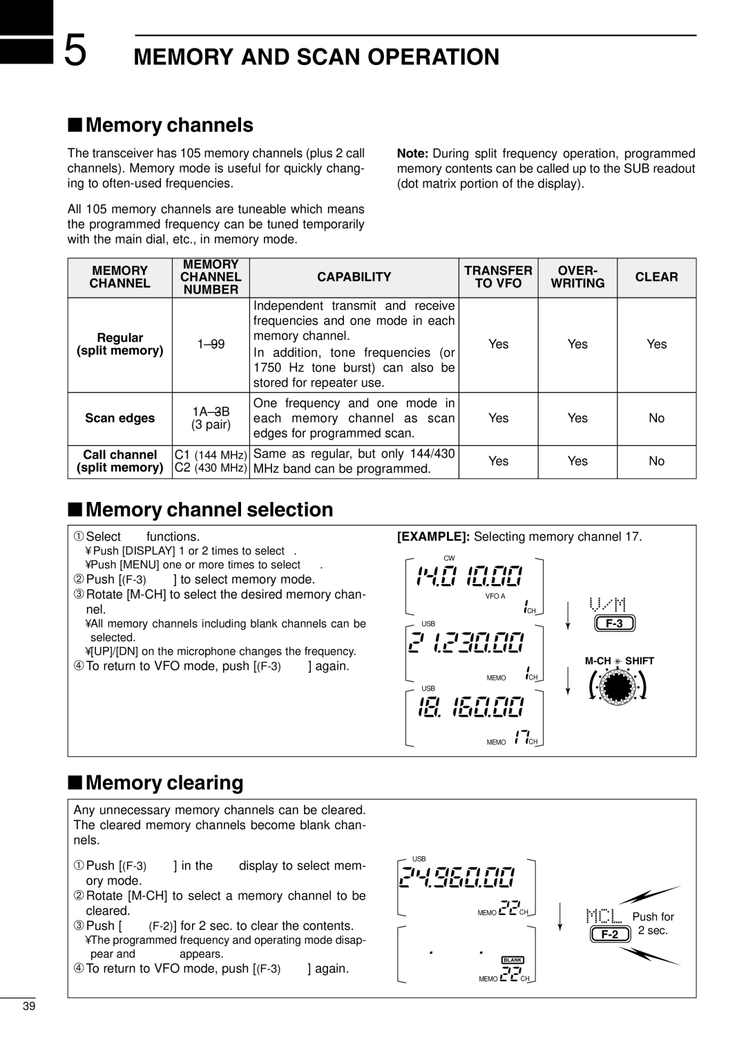 Icom IC-706MKIIG, I706MKTMG Memory and Scan Operation, Memory channels, Memory channel selection, Memory clearing 