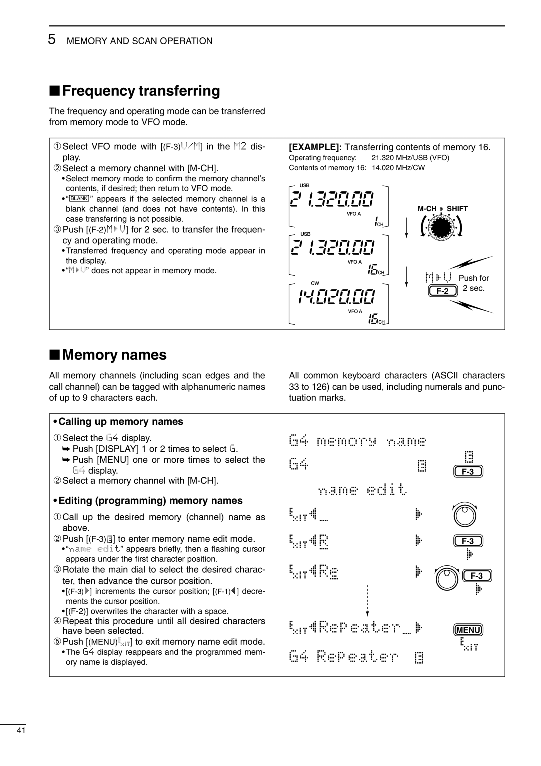 Icom IC-706MKIIG Frequency transferring, Memory names, Calling up memory names, Editing programming memory names 