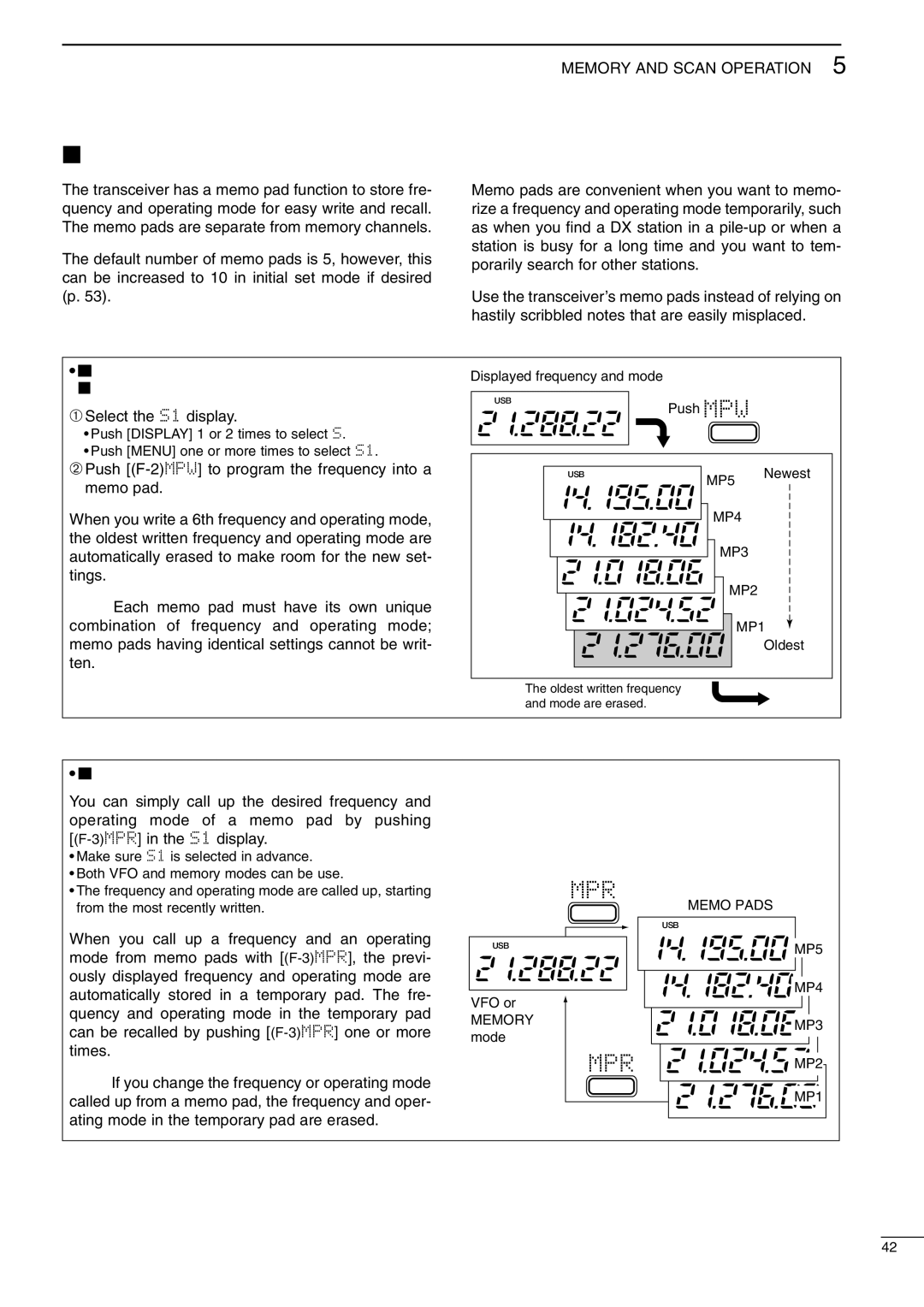 Icom I706MKTMG Memo pads, Writing frequencies and operating modes into memo pads, Calling up a frequency from a memo pad 