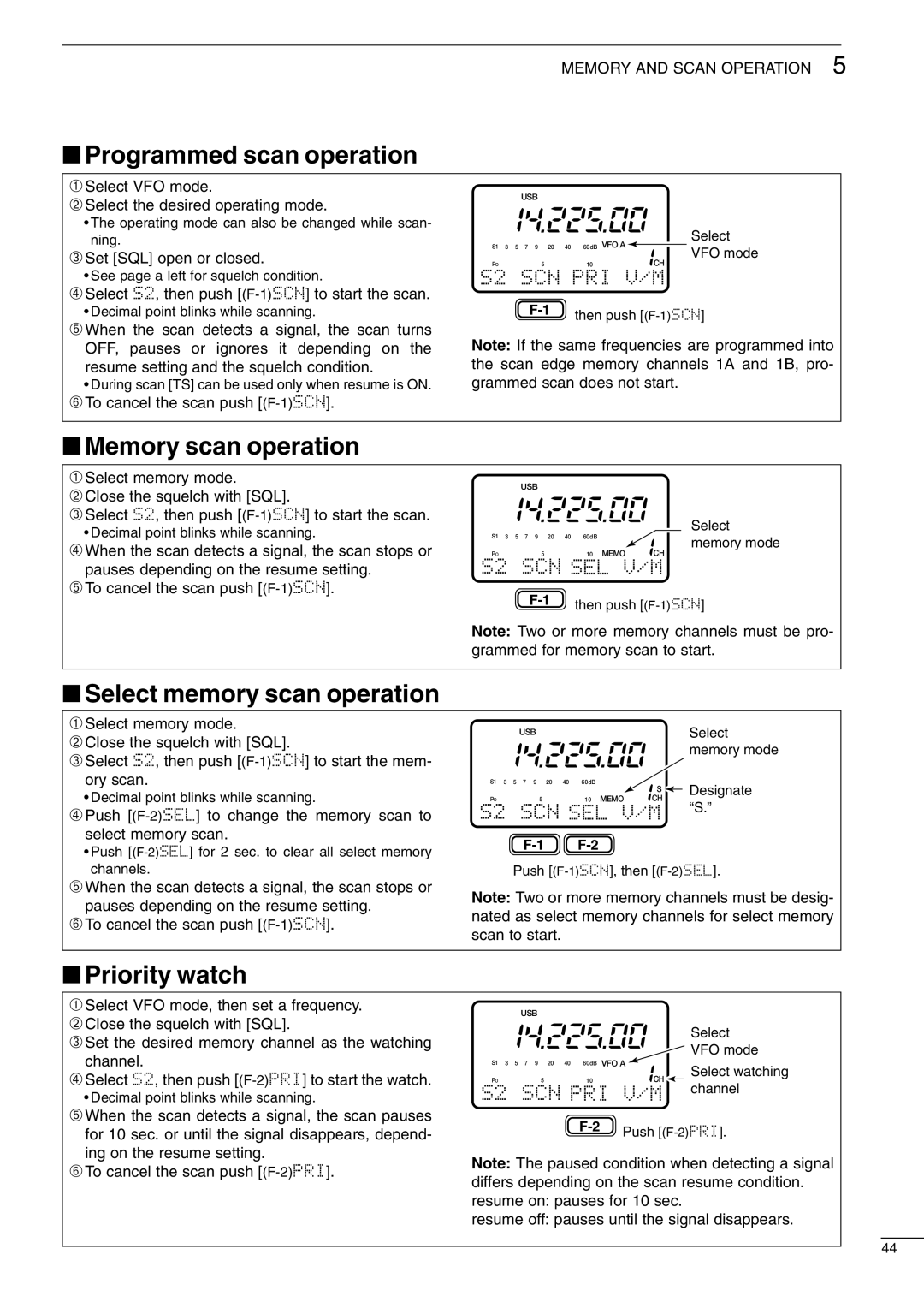 Icom I706MKTMG, IC-706MKIIG Programmed scan operation, Memory scan operation, Select memory scan operation, Priority watch 