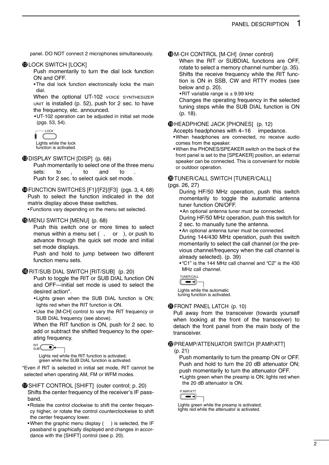 Icom I706MKTMG, IC-706MKIIG instruction manual 2LOCK Switch Lock, @2PREAMP/ATTENUATOR Switch P.AMP/ATT 