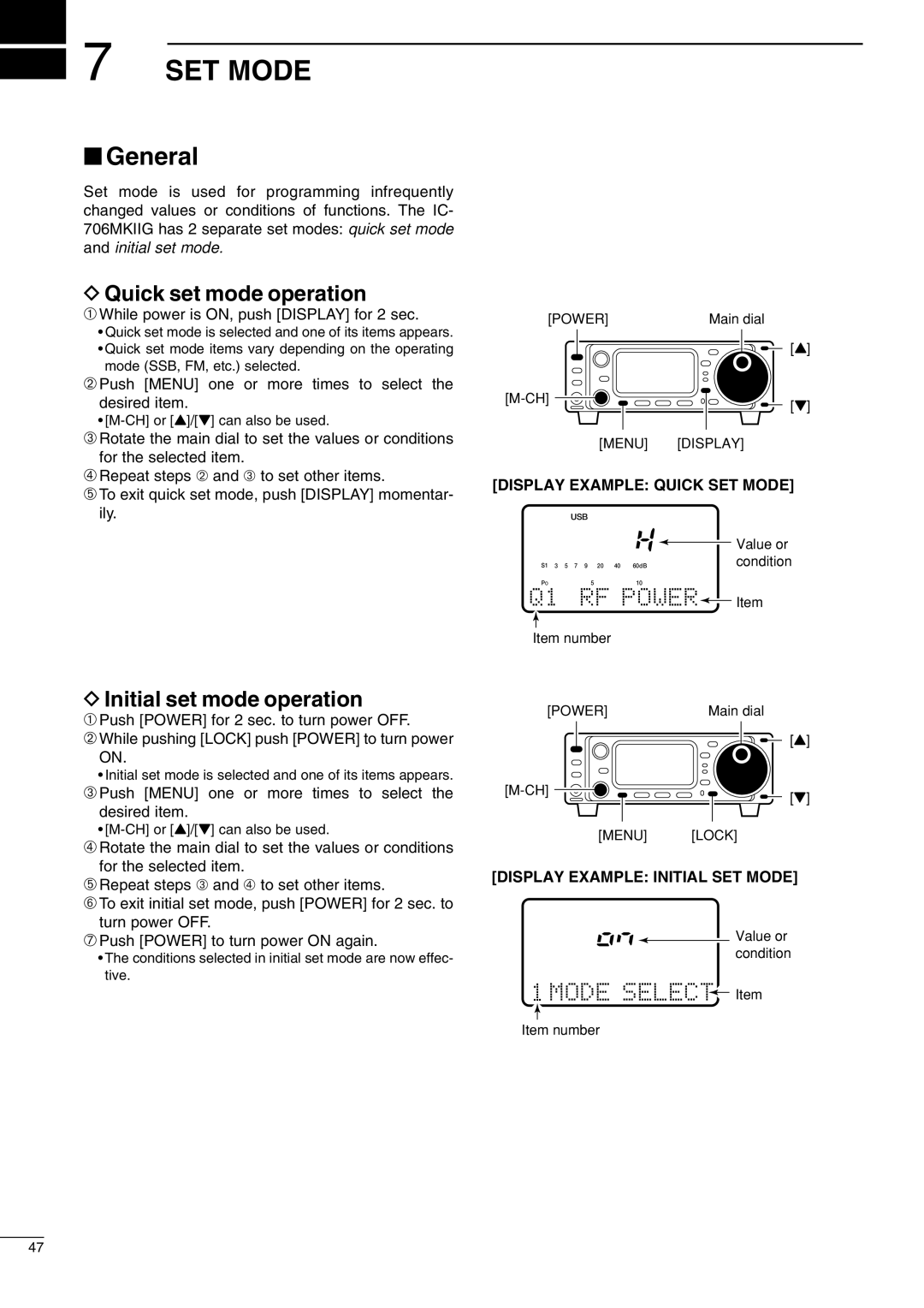 Icom IC-706MKIIG, I706MKTMG instruction manual SET Mode, General, Quick set mode operation, Initial set mode operation 