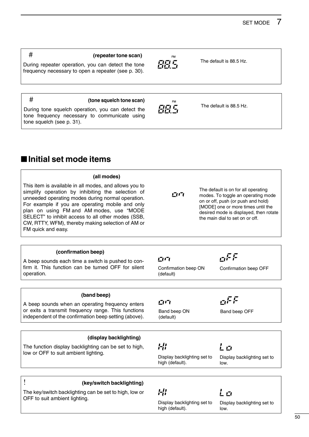 Icom I706MKTMG, IC-706MKIIG instruction manual Initial set mode items 