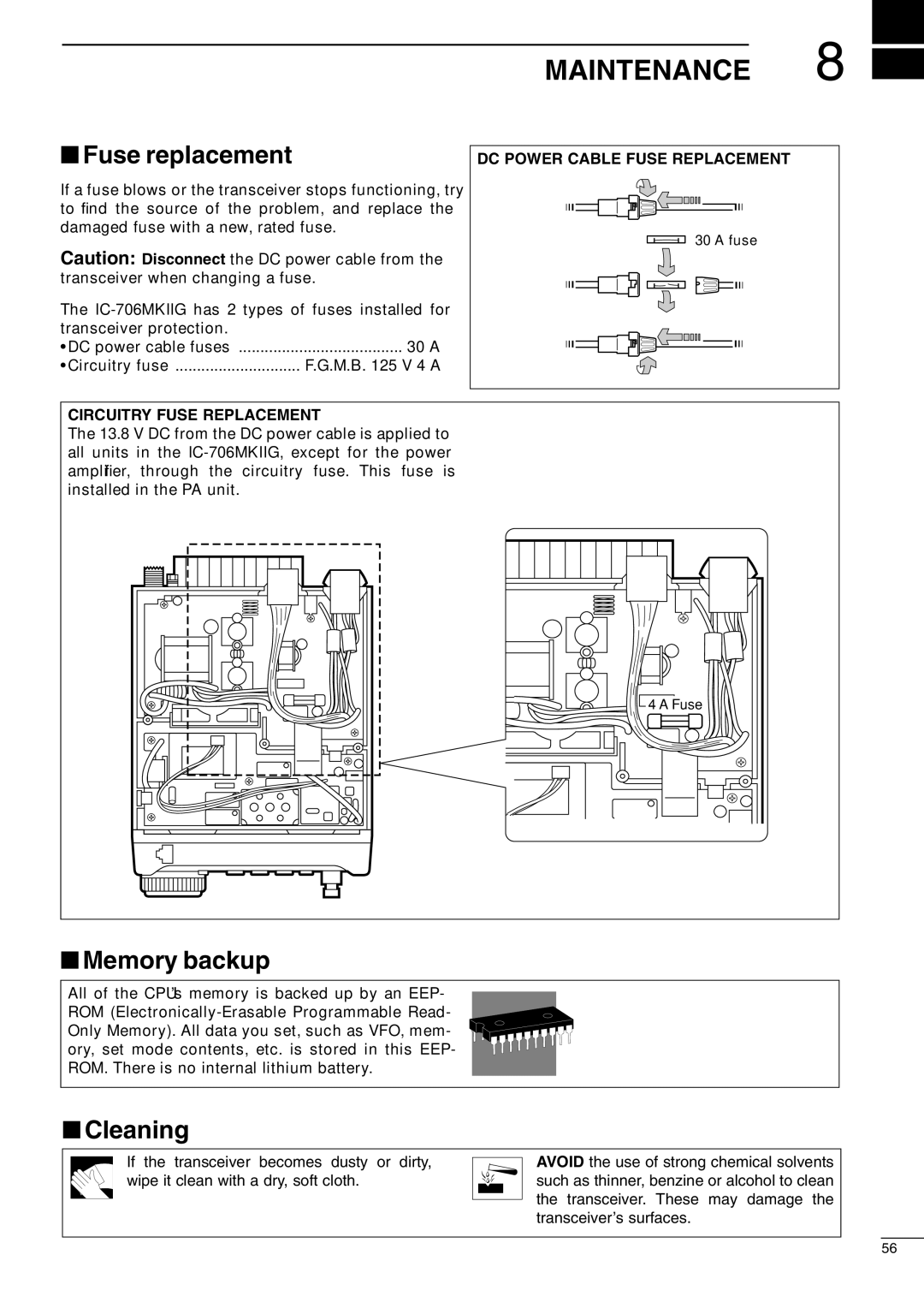 Icom I706MKTMG, IC-706MKIIG instruction manual Maintenance, Fuse replacement, Memory backup, Cleaning 