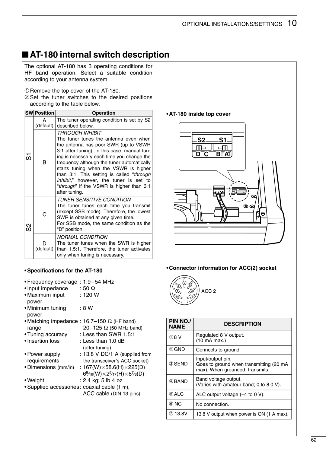 Icom I706MKTMG, IC-706MKIIG instruction manual AT-180 internal switch description, S2 S1 B a, PIN no Description Name 