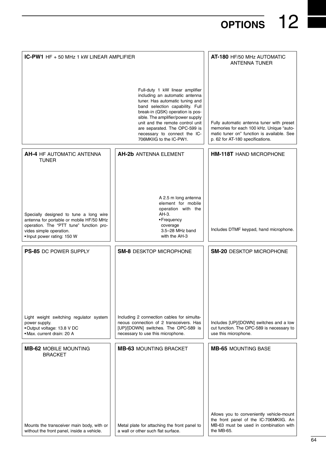 Icom I706MKTMG, IC-706MKIIG instruction manual Options 