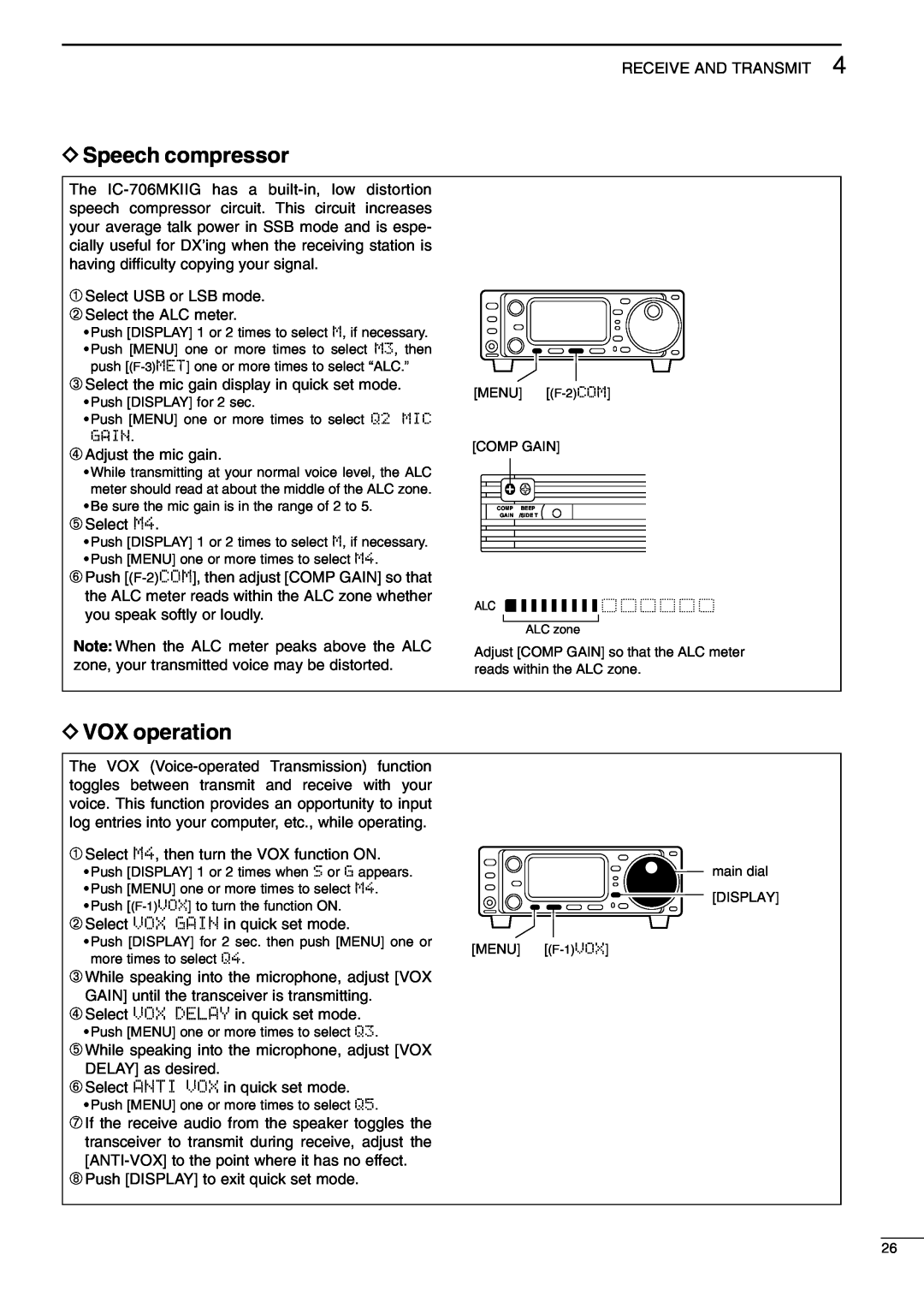 Icom I706MKTMG, IC-706MKIIG instruction manual DSpeech compressor, DVOX operation 