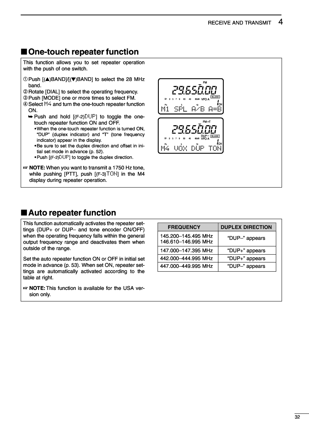 Icom I706MKTMG One-touchrepeater function, Auto repeater function, M1 SPL A/B A=B, Frequency, Duplex Direction 