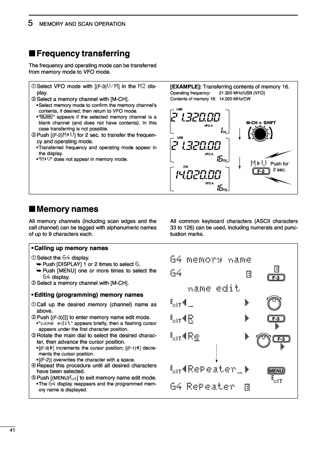 Icom IC-706MKIIG, I706MKTMG instruction manual Frequency transferring, Memory names 