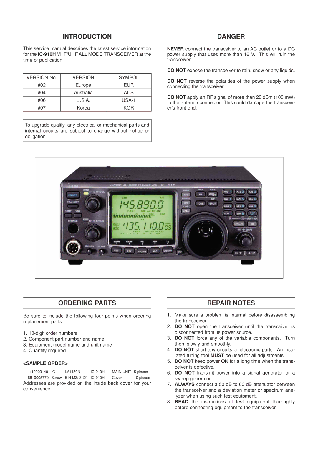 Icom IC-910H service manual Introduction, Ordering Parts, Repair Notes, Eur 