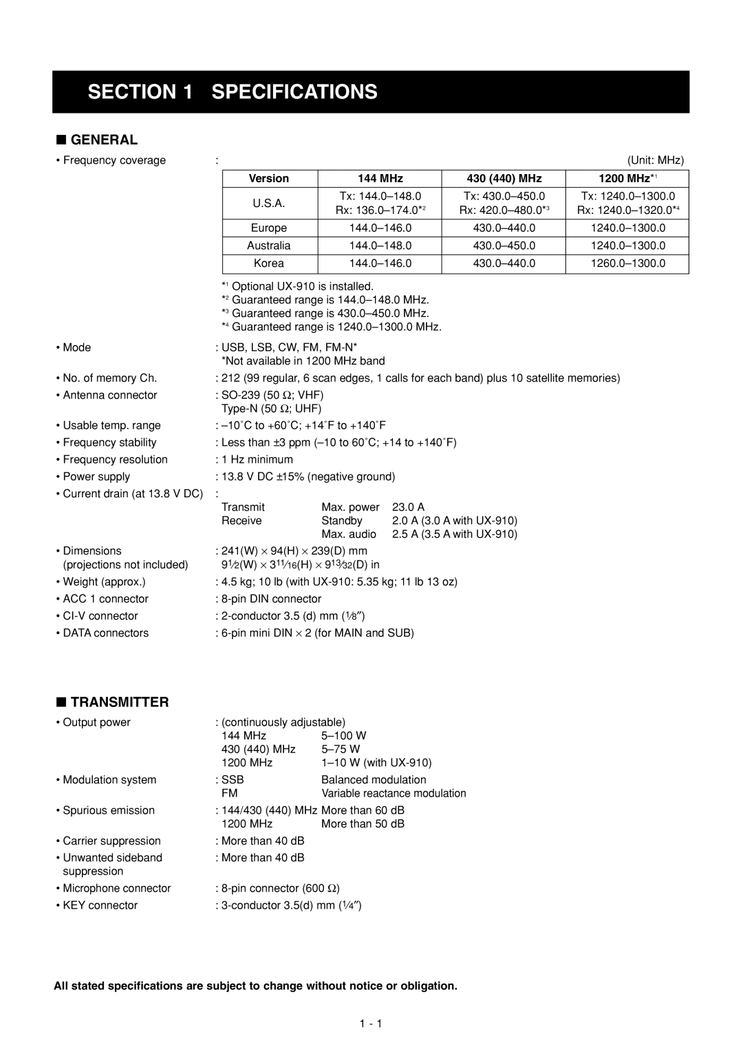 Icom IC-910H service manual Specifications, General 