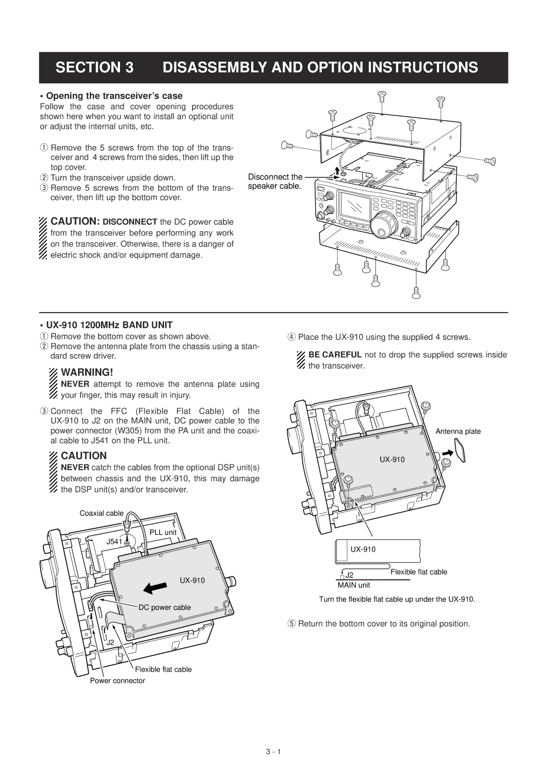 Icom IC-910H service manual Disassembly and Option Instructions, Opening the transceiver’s case, UX-910 1200MHz Band Unit 