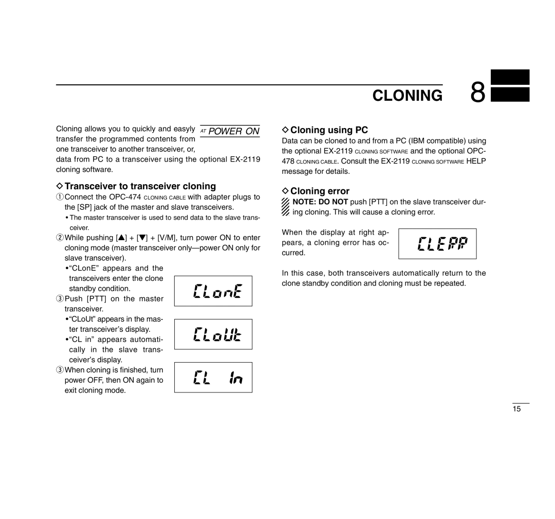 Icom IC-A4 instruction manual Transceiver to transceiver cloning, Cloning using PC, Cloning error 