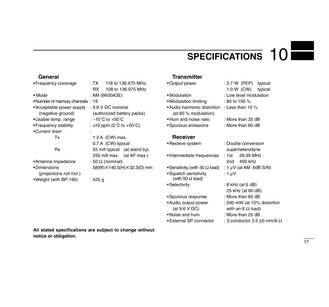 Icom IC-A4 instruction manual Specifications, DGeneral DTransmitter, DReceiver 