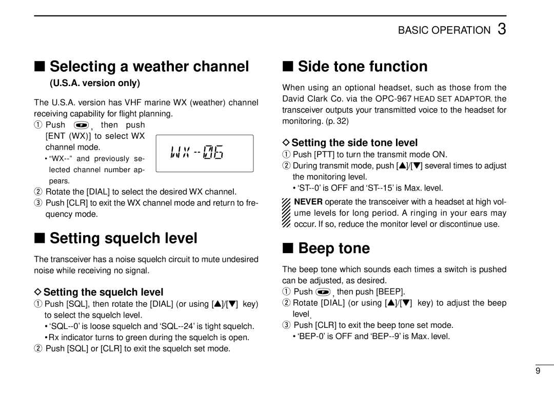 Icom IC-A5 instruction manual Selecting a weather channel, Setting squelch level, Side tone function, Beep tone 