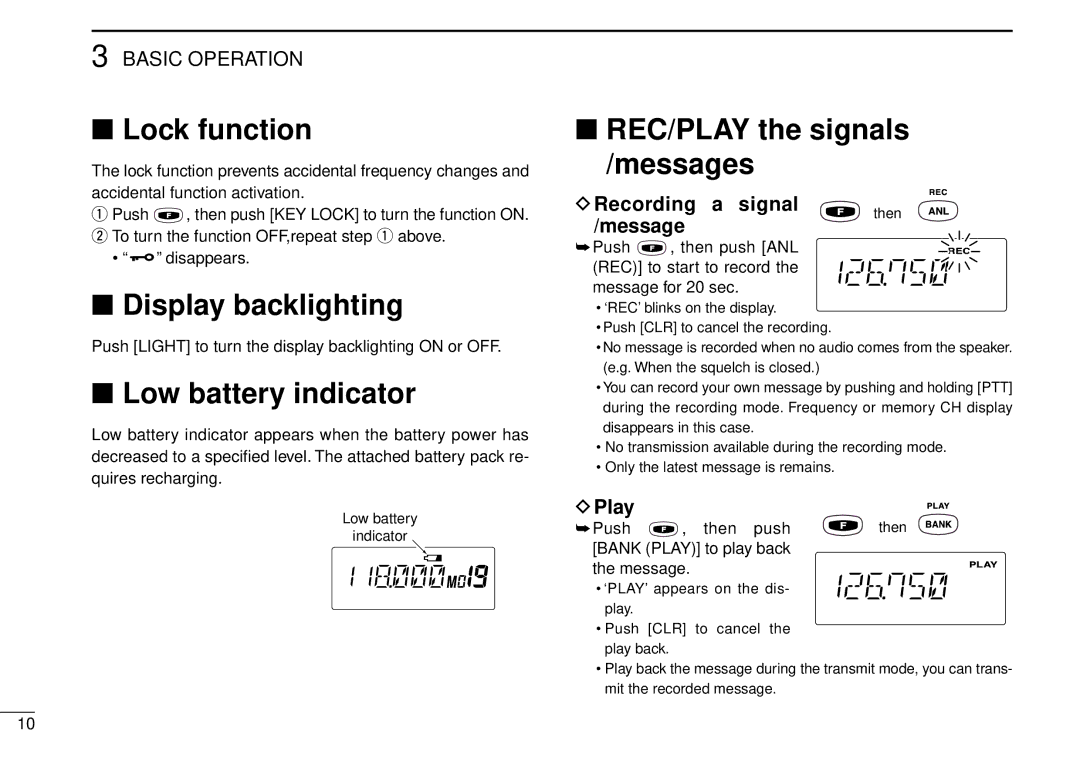 Icom IC-A5 instruction manual Lock function, Display backlighting, Low battery indicator, REC/PLAY the signals /messages 