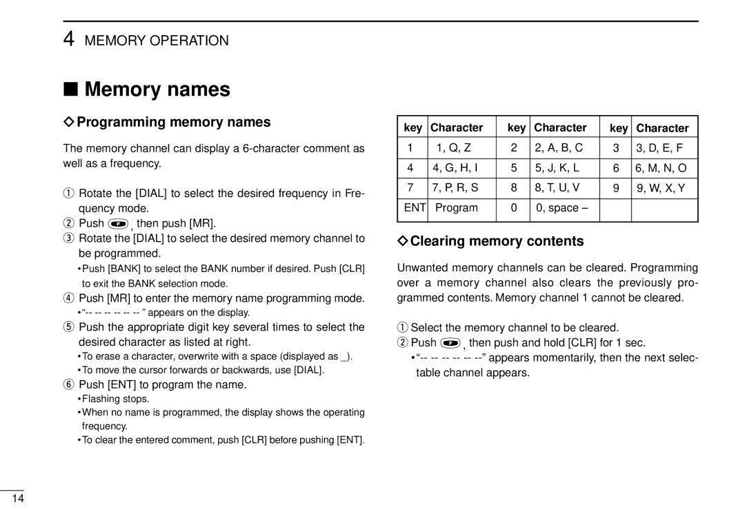 Icom IC-A5 instruction manual Memory names, Programming memory names, Clearing memory contents 