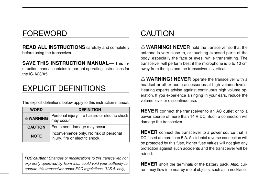 Icom IC-A5 instruction manual Word Definition, Rwarning 