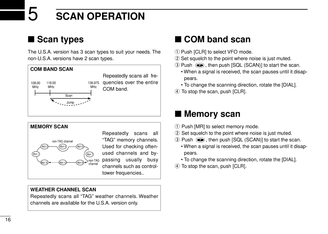 Icom IC-A5 instruction manual Scan Operation, Scan types, COM band scan, Memory scan 