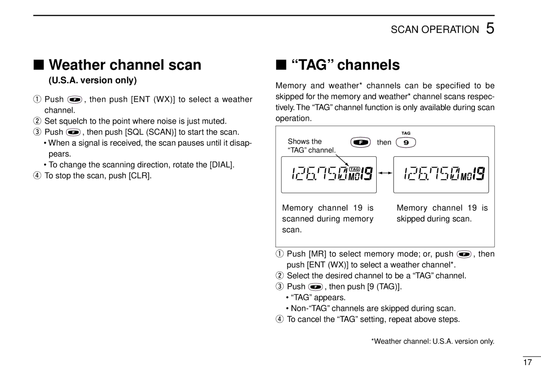 Icom IC-A5 instruction manual Weather channel scan, TAG channels 