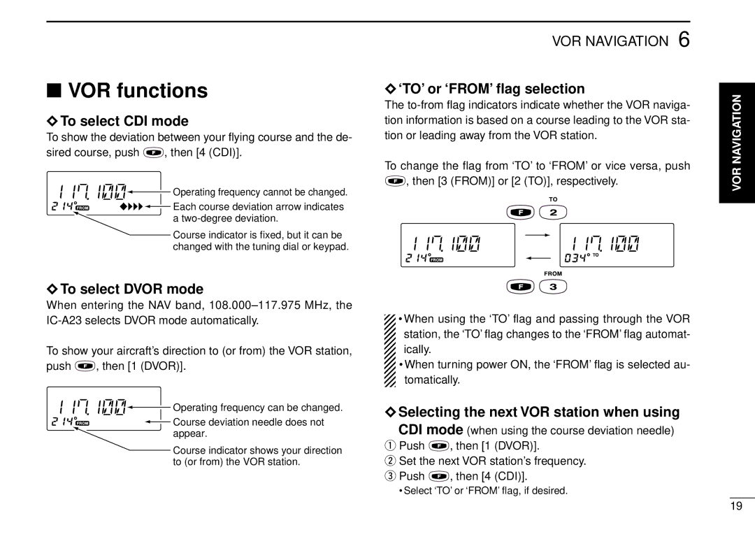 Icom IC-A5 instruction manual VOR functions, To select CDI mode, ‘TO’ or ‘FROM’ ﬂag selection, To select Dvor mode 