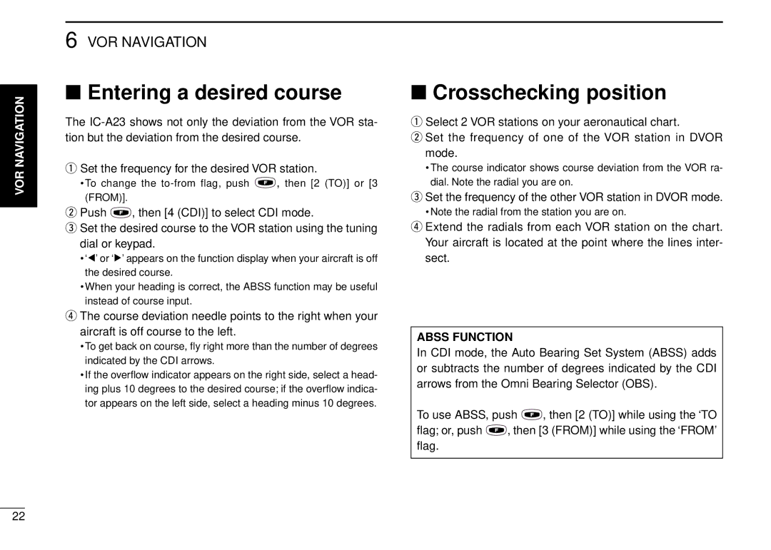 Icom IC-A5 instruction manual Entering a desired course, Crosschecking position, Abss Function 