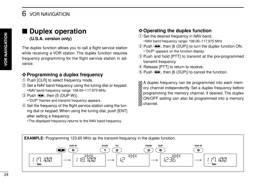 Icom IC-A5 instruction manual Duplex operation, Programming a duplex frequency, Operating the duplex function 